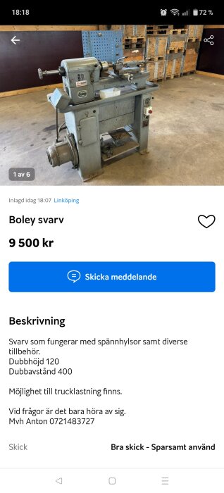Svarv av märket Boley i en verkstadsmiljö, omgiven av träpallar och en perforerad tavla i bakgrunden.