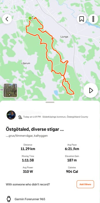 Karta över en löprunda i Östergötaland, 11,29 km längs diverse stigar, med en genomsnittlig takt på 6:21/km och en stigning på 187 m.