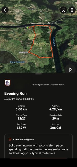 Karta över ett löppass nära Torsång, Borlänge kommun, med 5 km distans markerad i orange; löpstatistik synlig.