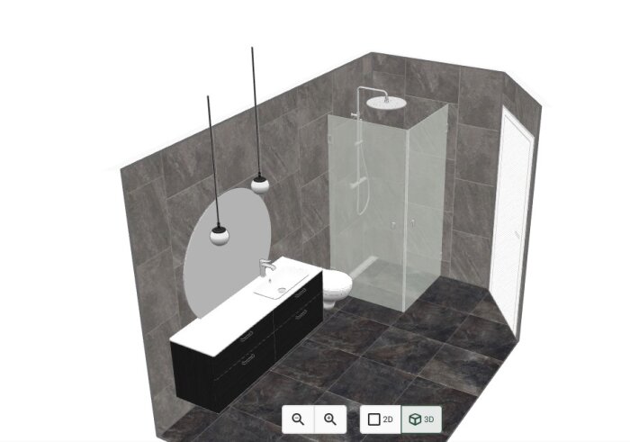 3D-ritning av ett badrum med duschhörn, vägghängd toalett, och svart kommod under en oval spegel med två taklampor.