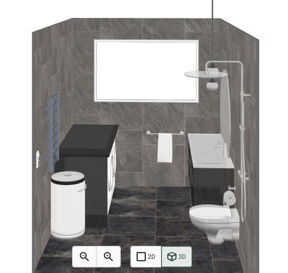 3D-rendering av badrumsdesign med tvättmaskin, dusch, handfat, och toalett. Duschväggar kan vikas in för att frigöra utrymme.