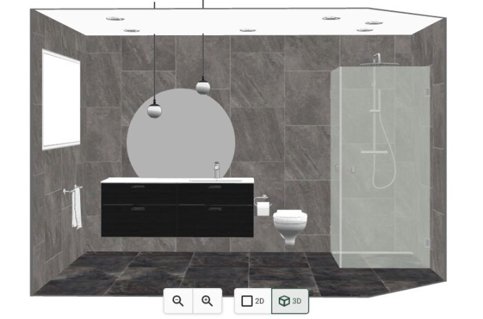 Badrumsdesign med väggfast toalett, duschkabin med vikbara väggar och handfat med en rund spegel över. Grå klinkers och kakel på väggarna.