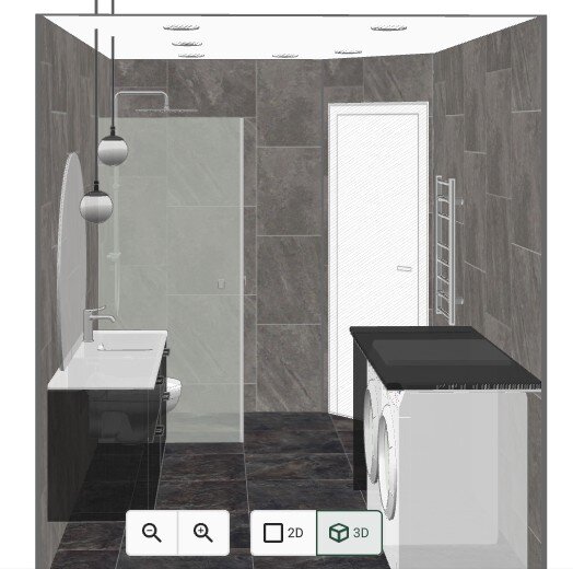 3D-ritning av ett modernt badrum med duschvägg, vask, spegel, och tvättstation. Mörka kakelplattor och hängande lampor syns.