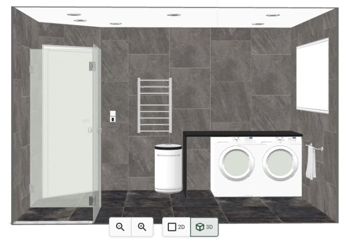 3D-renderad badrumsdesign med duschkabin, tvättmaskin, torktumlare, handdukshängare och fönster. Mörka kakelväggar och golv.