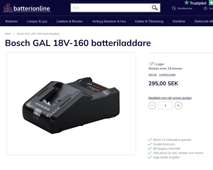 Bosch GAL 18V-160 batteriladdare, visas med pris 295 SEK och text om snabb leverans och 12 månaders garanti.