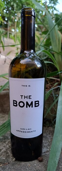 Flaska med etikett "The Bomb" Appassimento vin, placerad utomhus på betong med gröna blad omkring.