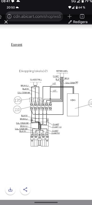 Kopplingsschema för anslutning av fläktmotor, med markeringar för olika färger på kablar inklusive brun, svart, blå, vit och gul/grön.