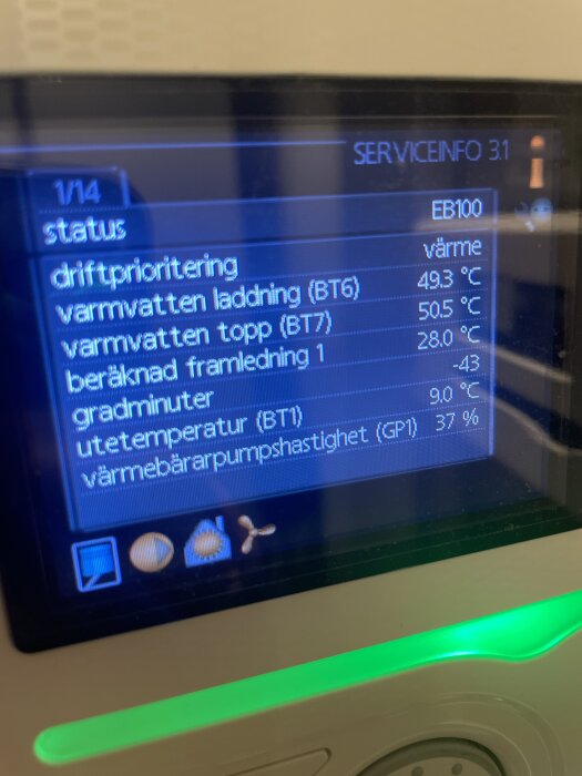 Närbild av värmepumpsdisplay visar serviceinformation, inklusive varmvattentemperatur, utetemperatur och värmebärarpumpens hastighet.