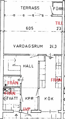 Planskiss av bottenvåningen i ett radhus med markeringar för luftflöde och LVP-installationsplats. Rum: Vardagsrum, Hall, Kök, Tvätt.
