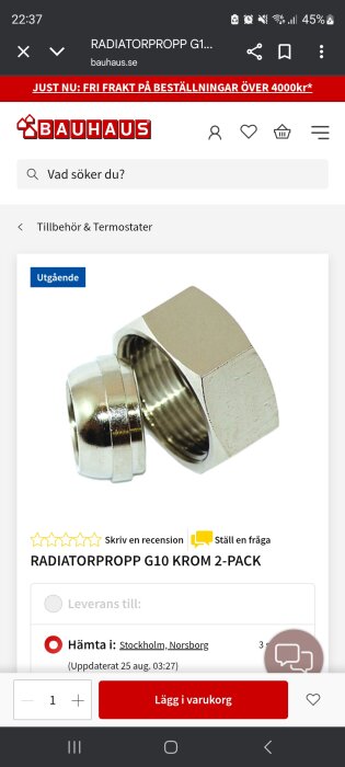Radiatorpropp G10 krom 2-pack, visas med en mutter och propp i metall.