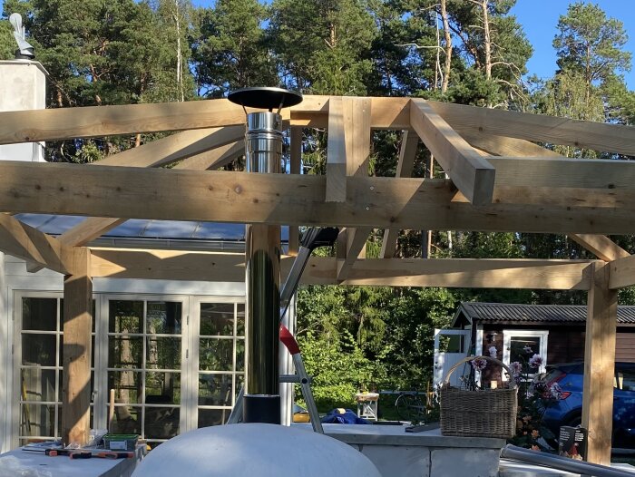 Rostfri skorsten 130mm genom ett faltak i ett utekök, utan undertak, omgiven av en träram och grönska i bakgrunden.