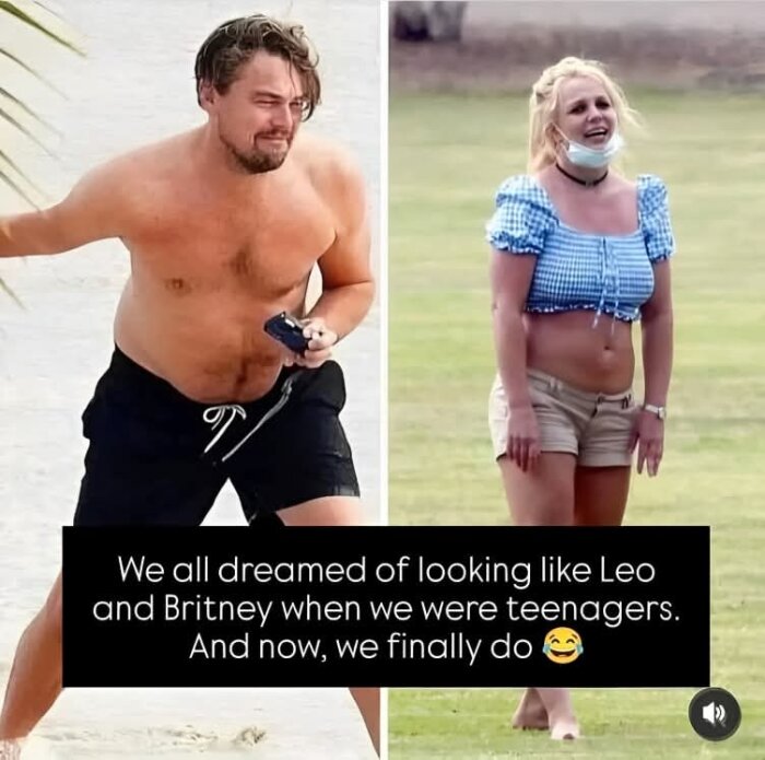 Två personer i fritidskläder, en man i badbyxor på stranden och en kvinna i topp och shorts på gräs, med text om drömmar om att likna berömda personer.