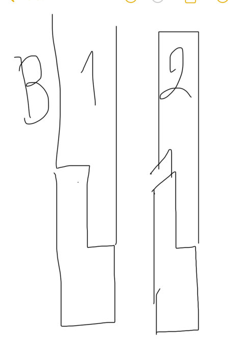 Skiss av två konstruktionstyper, B1 och B2, för montering av pinnar i underligare vid bygge, med olika snitt och montagesätt för vattenavrinning.