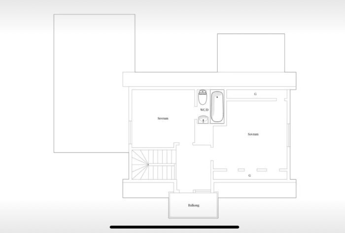 Planlösning över entréplan med två sovrum, WC, badkar, garderober och balkong. Trappor syns till vänster.