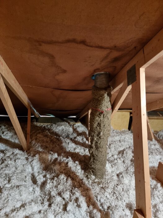 Isolerad imkanal i vindsutrymme, visar nätmatta runt kanalen, träbjälkar och isoleringsmaterial på golvet.