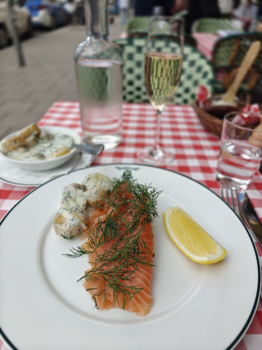 Tallrik med rimmad lax, dill, citronklyfta och potatis på röd-och-vit-rutig duk, med glas vin och karaff i bakgrunden.