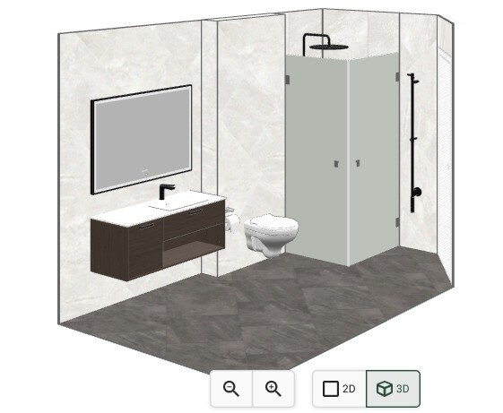 3D-ritning av badrum med vägghängd toalett, duschkabin, spegel och handfat med underskåp. Kakel på väggarna och mörkt klinkergolv.