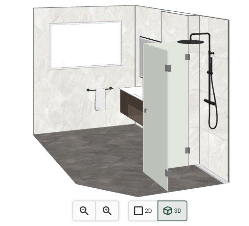 3D-rendering av badrum med duschhörna, handdukshållare, och inbyggt handfat. Duschväggar monterade längs väggen.
