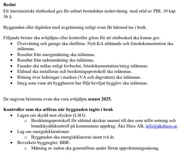 Ett dokument som visar krav och kontroller för att få slutbesked för ett bostadshus, inklusive energimätning och radonmätning.