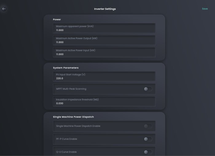 Inställningar för växelriktare med värden för effekt, systemparametrar och enkel maskindispatch, inklusive maximal effekt och startspänning.