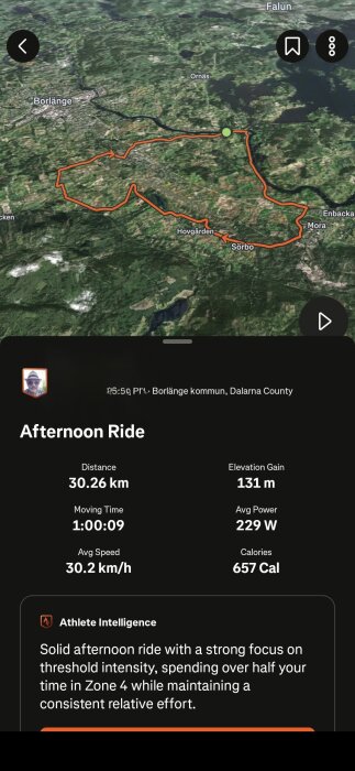 Karta över en cykeltur i Borlänge, Dalarna, med detaljer om distans (30,26 km), tid (1:00:09), höjdökning (131 m) och kaloriförbrukning (657 Cal).