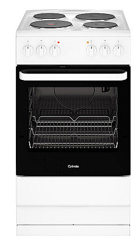 Cylinda 6354 E spis, 50 cm bred, med gjutjärnsplattor och ugn, används för att ersätta äldre 55 cm bred spis i Gotlandskök från 1965.