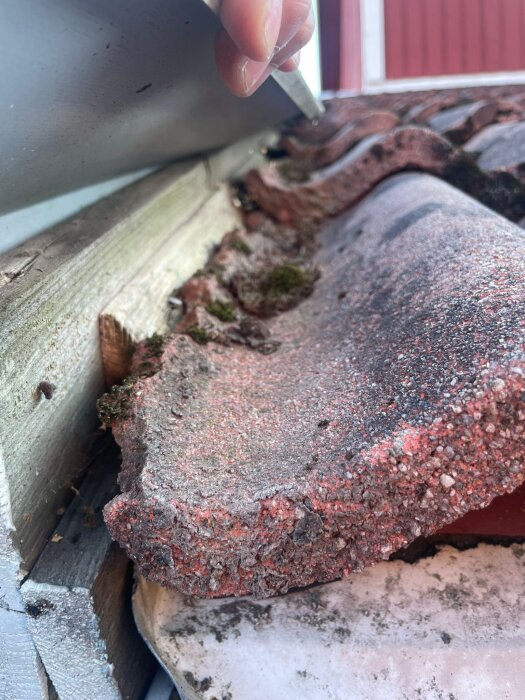 Skadat taktegel och dåligt vikt takpapp på radhus från 1981, där regnvatten trängt in och orsakat skador; en hand lyfter en del av konstruktionen.