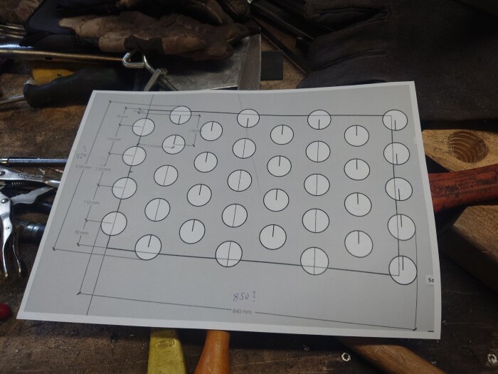 Ritning av stålplåt med 36 hål, placerad på ett arbetsbord med verktyg runtom. Hålen är markerade med mätningar och layout.