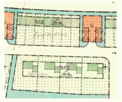 Karta över planlagt område med markerade byggnadsområden, där vissa ytor är märkta med korsprickning och punktmönster.