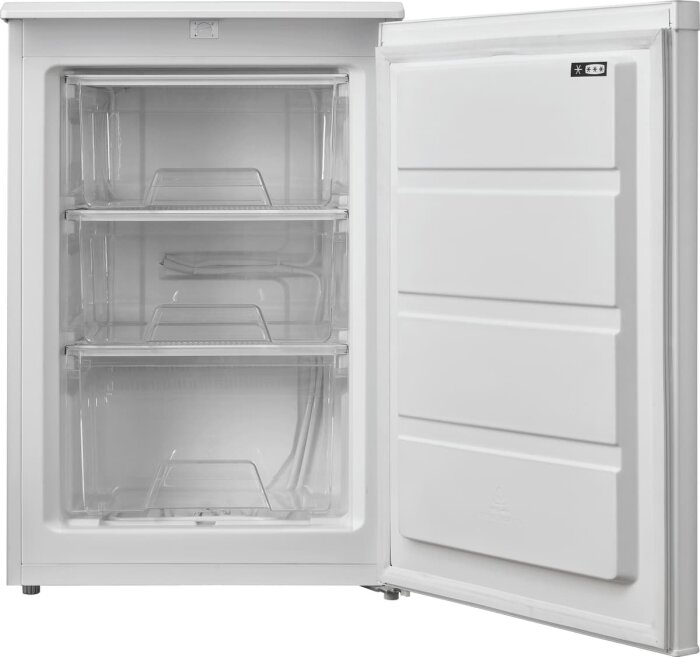 Öppet Logik frysskåp med tre genomskinliga lådor, visas inuti ett inlägg om frysskåpets ålder.