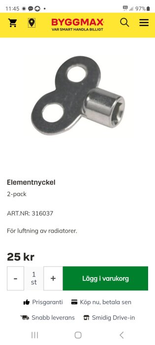 Elementnyckel för luftning av radiatorer, visas till salu för 25 kr hos Byggmax.