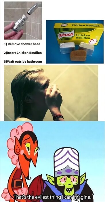 Instruktion för att sätta buljongtärning i duschmunstycke, följt av bild på person som duschar och två tecknade karaktärer med text "That's the evilest thing I can imagine.