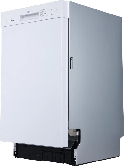 Diskmaskin med vit front och synlig toppanel, designad för att sticka ut över stommens front.