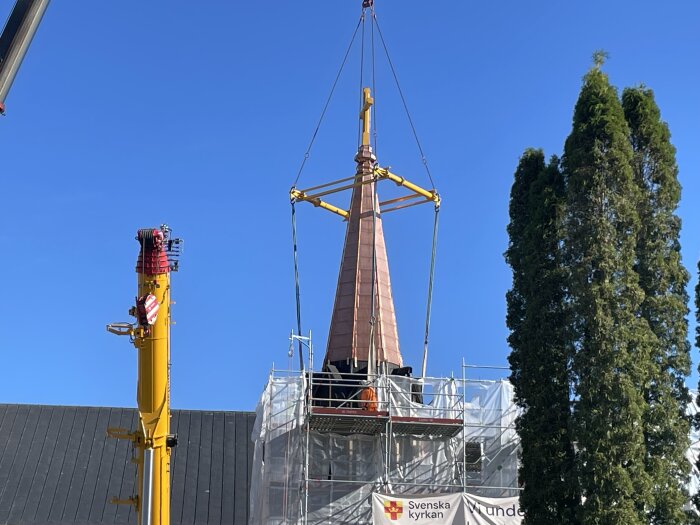 Kyrktorn lyfts med kran ovanpå en byggnad omgiven av byggnadsställningar och en tall, med en klarblå himmel i bakgrunden.