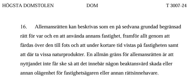 Domstolsdokument från Högsta domstolen om allemansrätten, paragraf 16, med specifikationer om färdsel och nyttjande av annans fastighet.