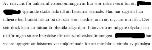 Textstycke ur dom som beskriver hästars oberäkneliga natur och riskbedömning vid oaktsamhet.