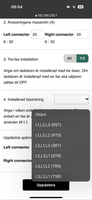 Skärmbild av en installationsmeny med alternativ för trefasinstallation och val av fasordning, L1, L2, L3 med olika kombinationer.