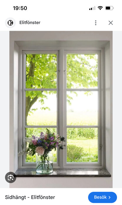 Vitt sidhängt fönster med spröjs och utsikt mot en grönskande trädgård, blomvas med blommor på fönsterbrädan.