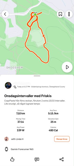 Karta över en löprunda i Söderköpings kommun med data: 7,10 km distans, 37:14 tid, 5:15 min/km tempo, 25 m höjdstigning, 480 kcal, Garmin Forerunner 965.