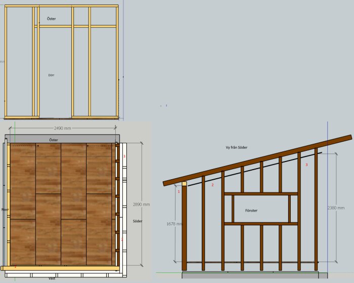 Rumsritning med markerade punkter 1, 2 och 3 för potentiella ventilationsplatser. Punkt 2 nära sänggavel, punkt 3 vid dörr, punkt 1 vid fotända i snedtak.