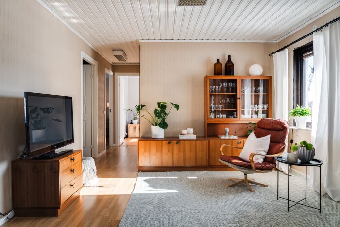 Vardagsrum med trämöbler, TV, fåtölj, glasväggskåp, växter och stora fönster som släpper in ljus i rummet från ett äldre hus.