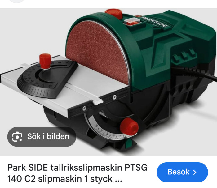 Park SIDE tallriksslipmaskin PTSG 140 C2 med grön och svart design, röd sandpappersskiva och justerbart vinklingsbord.