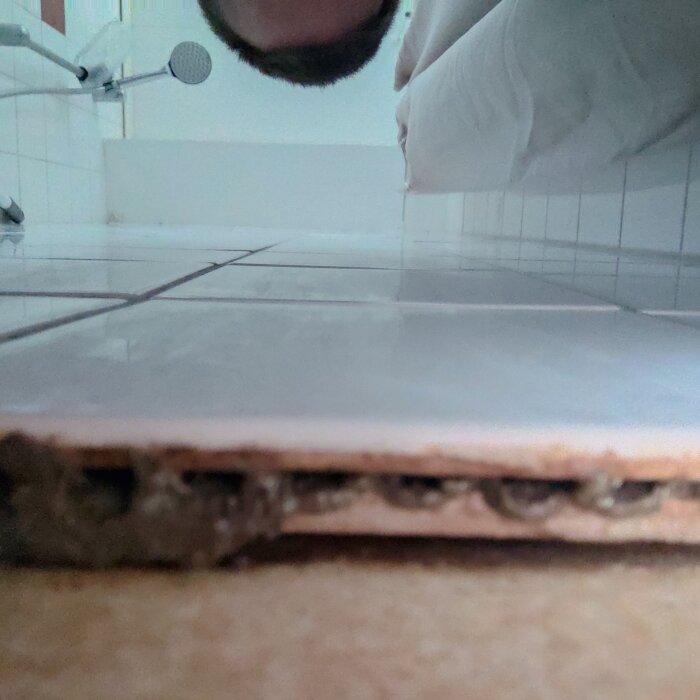 Närbild av ett kakellager med misstänkt mögel mellan dubbla kakelplattor i ett badrum.