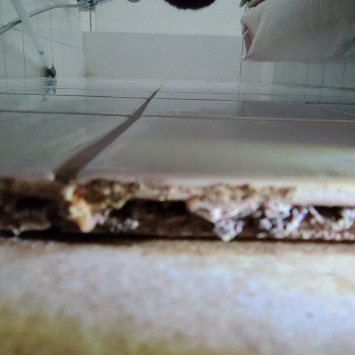 Närbild av ett kakelgolv som visar två lager kakel med ett mellanrum emellan, potentiellt tecken på mögelproblem.