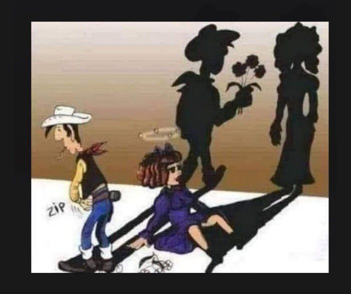 Cowboy som går ifrån en kvinna, deras skuggor visar honom med blommor till kvinnan.