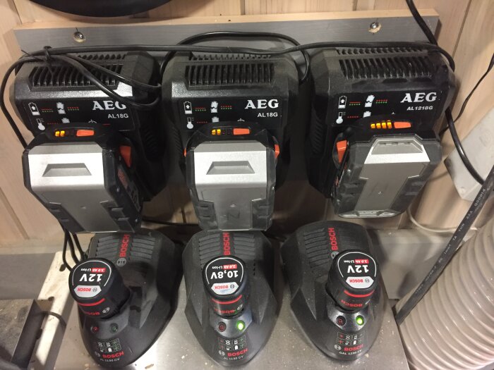 Tre AEG batteriladdare väggmonterade och tre Bosch batterier på laddningsstationer på en bänk.