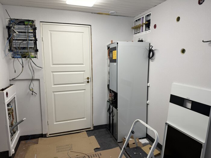 Rum under renovering med blottade el- och VVS-installationer, bergvärmepump, stege och kartongbitar på golvet.