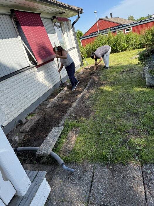 Personer gör trädgårdsarbete genom att rensa buskar nära en byggnads fasad under soligt väder.