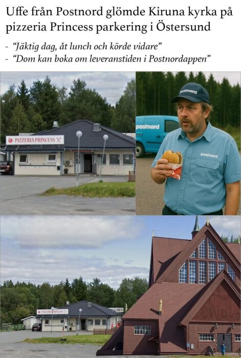 Postnord-chaufför i uniform äter på Pizzeria Princess parkering, Kiruna kyrka syns intill pizzerian, humoristisk situation.