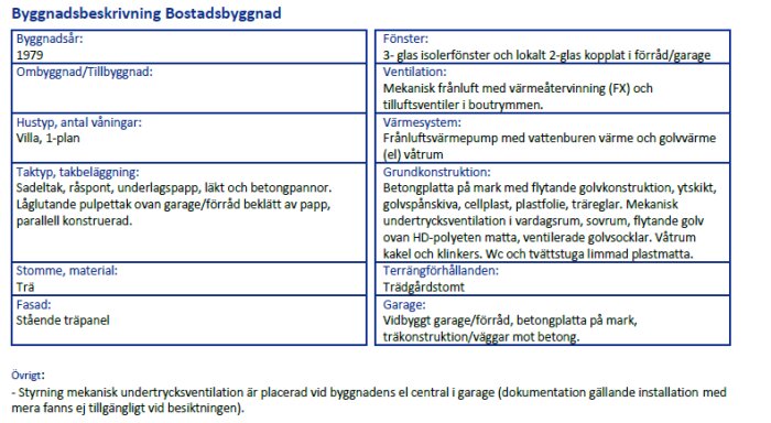 Besiktningsprotokoll för bostadsbyggnad, byggår 1979, med detaljer om konstruktion, ventilation, värmesystem, och grundförhållanden.